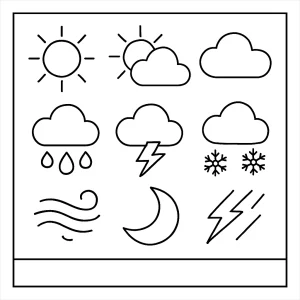 Weather icons coloring page with sun, clouds, rain, and more – free printable coloring page for kids
