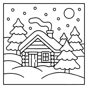 Cozy winter cabin coloring page with snowy trees and forest scene for free printable fun