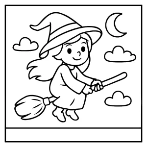 Magical witch coloring page for free printable fun, featuring a friendly witch with a hat and broomstick