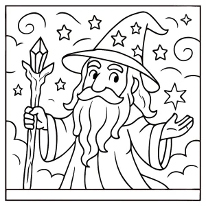 Magical wizard coloring page for free printable fun. A wise wizard with a staff, hat, and cloak ready to be colored by kids and adults.