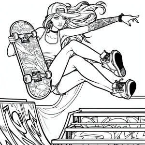 Female skateboarder kickflipping over graffiti ramp in bold lines