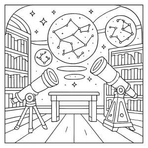 Cosmic library coloring page with floating hologram star charts and antique telescopes to print and color