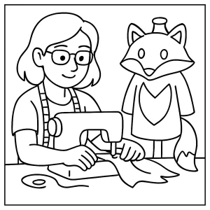 Cosplay designer sewing fox costume coloring page with crafting supplies and a whimsical fox outfit