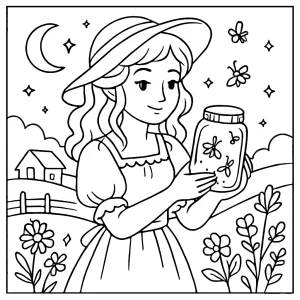 Cottagecore girl collecting fireflies in a jar coloring page, printable and free for kids