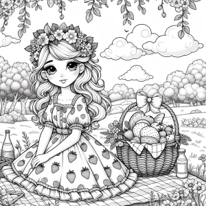 Girl in a flower crown and strawberry dress at a picnic in a meadow