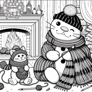 Cat knitting a giant scarf for snowman by fireplace coloring page