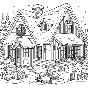 Cozy house with snow on the roof coloring page
