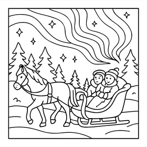 Cozy aurora sleigh ride coloring page with a sleigh under the glowing northern lights, printable and free for kids.