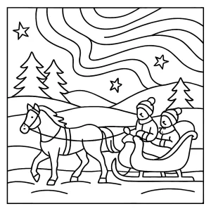 Cozy aurora sleigh ride coloring page featuring a sleigh under the northern lights, printable for kids and families.