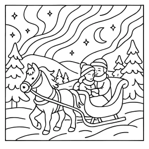 Cozy aurora sleigh ride coloring page with a sleigh and northern lights for kids to color