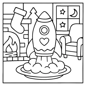 Gingerbread rocket launch coloring page featuring cookie astronauts and a festive cozy scene, printable for kids.