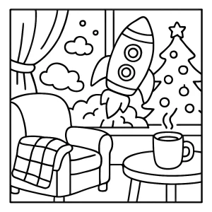 Cozy gingerbread rocket launch coloring page with festive decorations, perfect for kids to print and color.