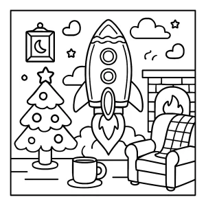 Cozy gingerbread rocket launch coloring page with candy houses, snowy hills, and holiday details for kids to color