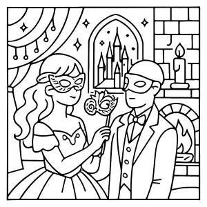 Cozy ice castle masquerade coloring page with masked guests, sparkling decorations, and magical winter scenery