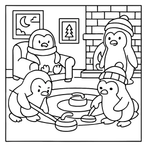 Página para colorear: pingüinos jugando curling en una pista de hielo, ideal para imprimir y colorear