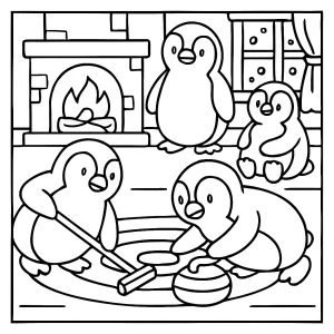 Penguin curling match coloring page with cozy winter scene for kids to print and color