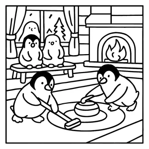 Penguin curling match coloring page featuring cute penguins playing curling on ice, free printable for kids