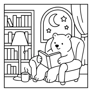 Página para colorear de osos polares leyendo en una biblioteca acogedora en el Ártico, ideal para imprimir y colorear gratis.
