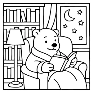 Cozy polar library reading night coloring page with arctic animals and books