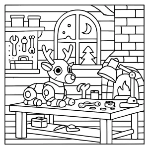 Robotic Reindeer Workshop coloring page featuring a cozy workshop with engineers building robot reindeers, free to print and color