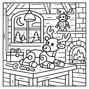 Robotic reindeer workshop coloring page with friendly robots assembling reindeer in a cozy holiday setting, free to download and print.