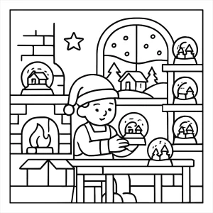 Cozy snow globe factory coloring page for kids to print and color, featuring elves, snow globes, and a magical winter scene.