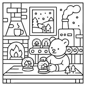 Cozy snow globe factory coloring page with workers making magical snow globes, printable and free for kids.