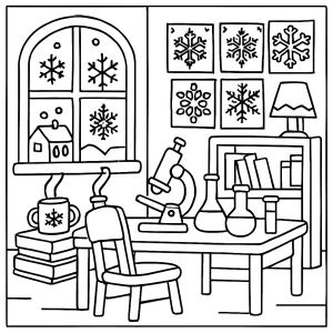 Cozy snowflake science lab coloring page with kids, beakers, and microscopes to color