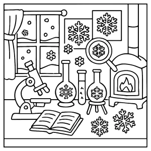 Cozy snowflake science lab coloring page featuring scientists, beakers, and snowflakes for kids to color.
