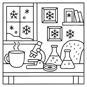 Cozy Snowflake Science Lab coloring page with scientists, beakers, and snowflakes for kids to color