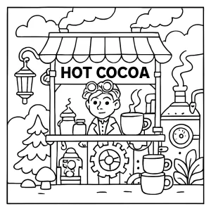 Steampunk hot cocoa stand coloring page with gears, steam, and mugs for kids to color