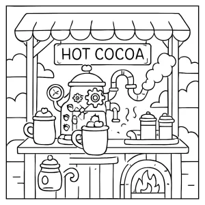 Steampunk hot cocoa stand coloring page with vintage gears, pipes, and a cozy winter scene