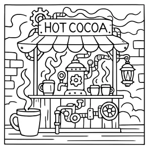 Steampunk hot cocoa stand coloring page with gears, pipes, and friendly vendors in a cozy winter scene