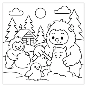 Yeti snow-sculpting contest coloring page, free printable for kids