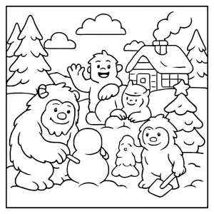 Yeti snow-sculpting contest coloring page with friendly yetis creating snow sculptures in a snowy winter landscape.