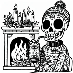 Skeleton wearing ugly sweater sipping cocoa by fireplace coloring page