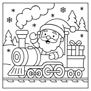 Santa riding a winter holiday train coloring page for kids to print and color