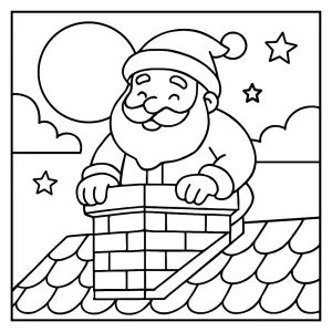 Santa’s chimney entrance in moonlight coloring page with Santa Claus climbing into a chimney under a night sky, available as a free printable.