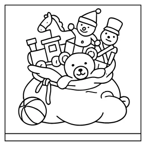 Santa’s sack overflowing with toys coloring page for kids to print and color