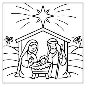 Christmas star above nativity scene coloring page printable for kids and families