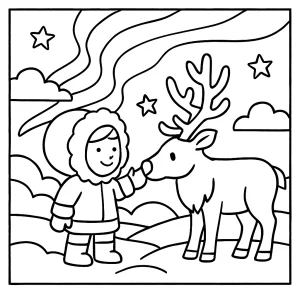 page de coloriage d’un enfant et d’un renne sous les aurores boréales à imprimer gratuitement