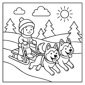 Malvorlage: Kind auf Schlitten mit zwei Huskys - coloring page zum Ausdrucken und Ausmalen