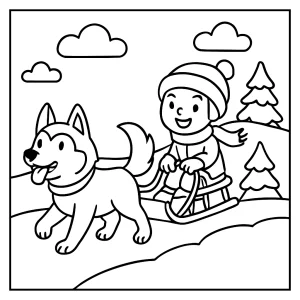 Child sledding behind a husky dog coloring page, printable for kids