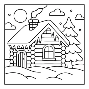 Cozy log cabin by moonlight coloring page with icicles and a pine tree, free printable for kids and families.