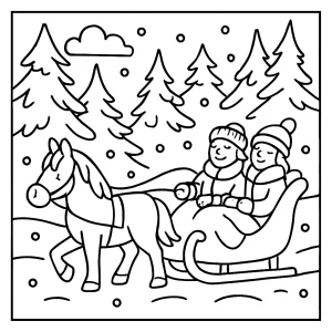 Cozy sleigh ride through snowy forest coloring page, free printable winter scene for kids
