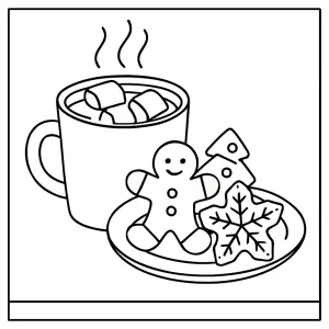 Hot cocoa with marshmallows and Christmas cookies coloring page for free printable fun