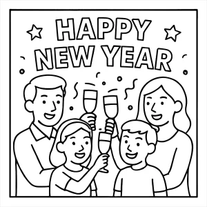 Family celebrating and raising glasses New Year coloring page