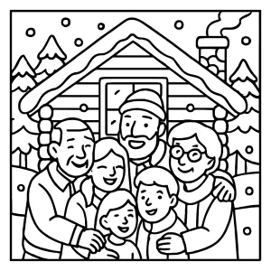 Family reunion in a snow cabin coloring page - free printable scene for kids