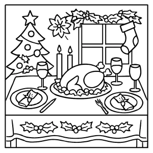 Festive Christmas dinner table coloring page with holiday treats, candles, and decorations