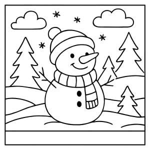 Friendly snowman wearing a scarf and hat in a winter landscape coloring page